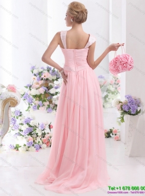 Designer 2015 Baby Pink Prom Dress with Brush Train and Ruching