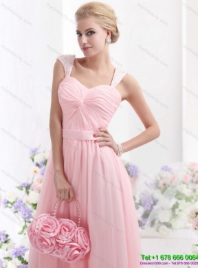 Designer 2015 Baby Pink Prom Dress with Brush Train and Ruching