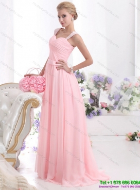 Designer 2015 Baby Pink Prom Dress with Brush Train and Ruching