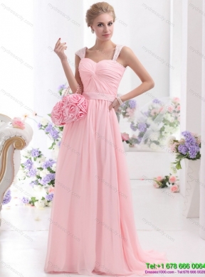 Designer 2015 Baby Pink Prom Dress with Brush Train and Ruching