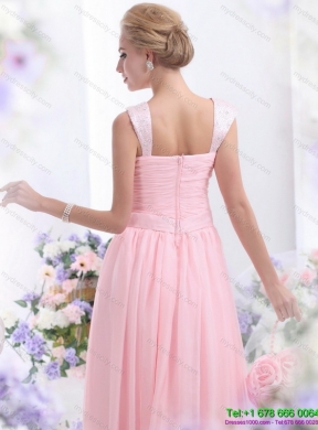 Designer 2015 Baby Pink Prom Dress with Brush Train and Ruching