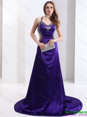 Designer 2015 Halter Top Purple Criss Cross Prom Dresses with Court Train