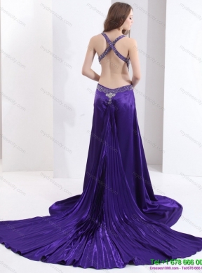 Designer 2015 Halter Top Purple Criss Cross Prom Dresses with Court Train