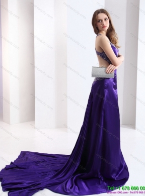 Designer 2015 Halter Top Purple Criss Cross Prom Dresses with Court Train