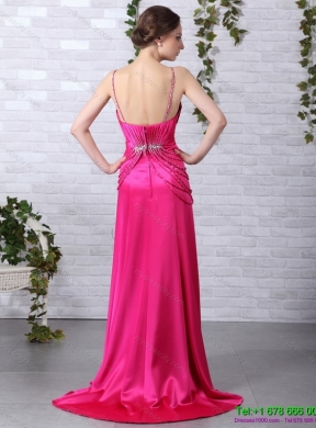 Designer Brush Train 2015 Prom Dress with Ruching and Beading