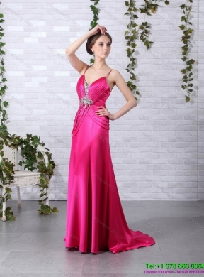 Designer Brush Train 2015 Prom Dress with Ruching and Beading