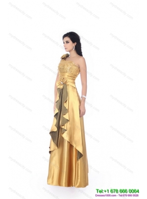 Gorgeous One Shoulder Gold Prom Dress with Hand Made Flowers and Ruching