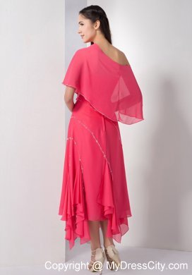 Tea-length Beaded Homecoming Dress in Coral Red with Cloak