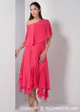 Tea-length Beaded Homecoming Dress in Coral Red with Cloak