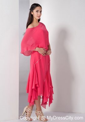 Tea-length Beaded Homecoming Dress in Coral Red with Cloak