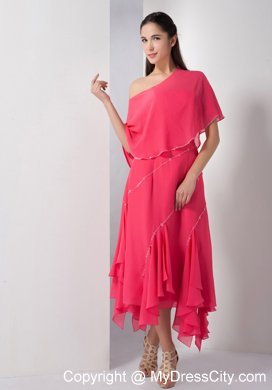 Tea-length Beaded Homecoming Dress in Coral Red with Cloak