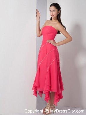 Tea-length Beaded Homecoming Dress in Coral Red with Cloak