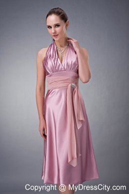 Light Pink Beaded Homecoming Dress Halter Tea-length Design