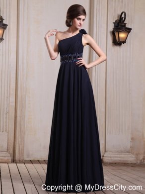 Navy Blue One Shoulder Homecoming Dress With Beaded and Flower