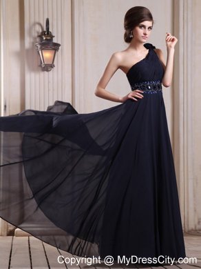 Navy Blue One Shoulder Homecoming Dress With Beaded and Flower