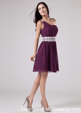 Purple One Shoulder 2014 Sash and Ruche Decorate Homecoming Dress