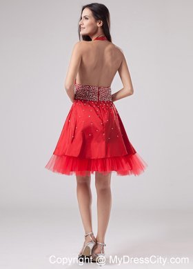 Luxurious Red Halter Homecoming Dress Beaded Decorate With V-neck