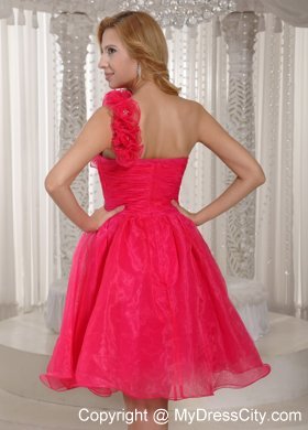 Coral Red One Shoulder Homecoming Dress With Ruche And Flowers