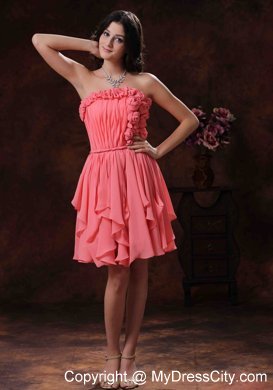 2014 Watermelon Flowers Decorate Chiffon Short Homecoming Dress