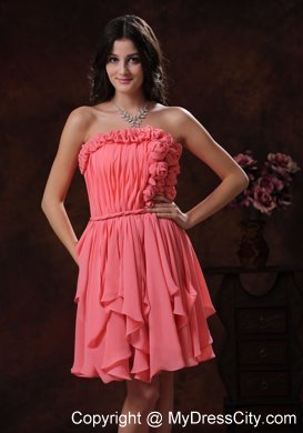 2014 Watermelon Flowers Decorate Chiffon Short Homecoming Dress