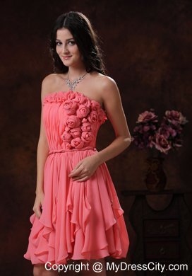 2014 Watermelon Flowers Decorate Chiffon Short Homecoming Dress