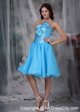 Aqua Blue A-line Pleat and Bow Decorate Homecoming Dress