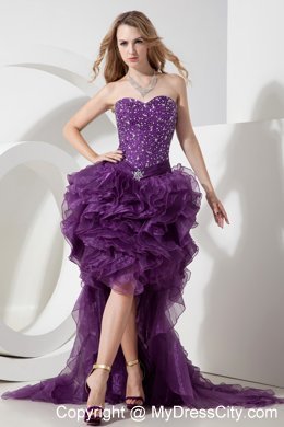 High-low Sheath Style Purple Homecoming Dress Beading Design