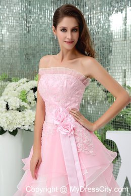 A-line Baby Pink Lace Homecoming Dress with Sash And Ruffles