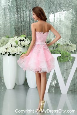 A-line Baby Pink Lace Homecoming Dress with Sash And Ruffles