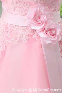 A-line Baby Pink Lace Homecoming Dress with Sash And Ruffles