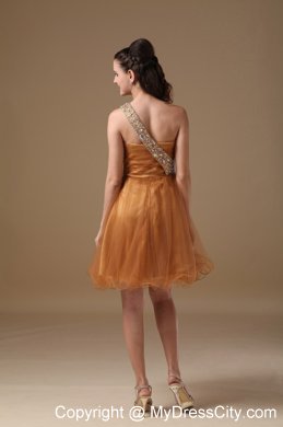 Mini-length Brown One Shoulder Organza Homecoming Dress Beaded