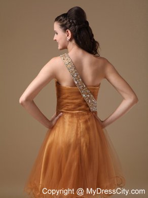 Mini-length Brown One Shoulder Organza Homecoming Dress Beaded