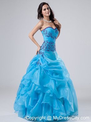 Blue Sweetheart Organza Quinceanera Dress with Embroidery