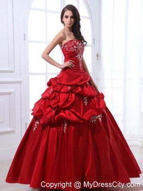 Wine Red Taffeta Appliqued Quinceanera Dress with Pick-ups