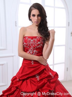 Wine Red Taffeta Appliqued Quinceanera Dress with Pick-ups