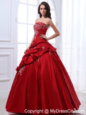 Wine Red Taffeta Appliqued Quinceanera Dress with Pick-ups