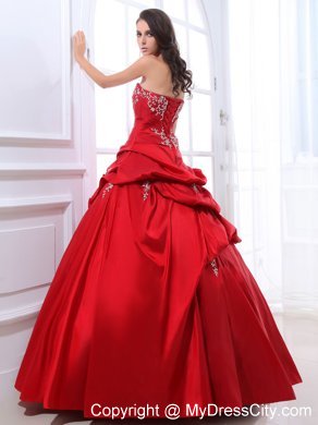 Wine Red Taffeta Appliqued Quinceanera Dress with Pick-ups