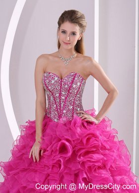 Hot Pink Ruffled Sweetheart Quinceanera Gowns with Beading