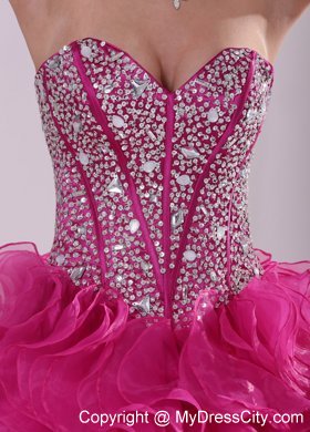 Hot Pink Ruffled Sweetheart Quinceanera Gowns with Beading