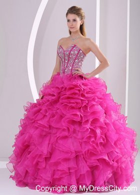 Hot Pink Ruffled Sweetheart Quinceanera Gowns with Beading