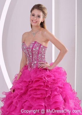 Hot Pink Ruffled Sweetheart Quinceanera Gowns with Beading