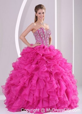 Hot Pink Ruffled Sweetheart Quinceanera Gowns with Beading