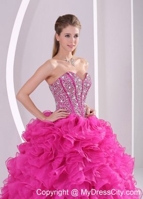 Hot Pink Ruffled Sweetheart Quinceanera Gowns with Beading