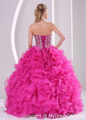 Hot Pink Ruffled Sweetheart Quinceanera Gowns with Beading