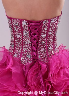 Hot Pink Ruffled Sweetheart Quinceanera Gowns with Beading