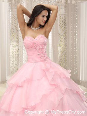 Baby Pink Ruched Sweetheart Sweet 16 Dresses with Flowers