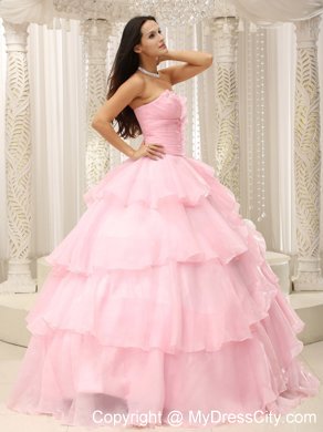 Baby Pink Ruched Sweetheart Sweet 16 Dresses with Flowers