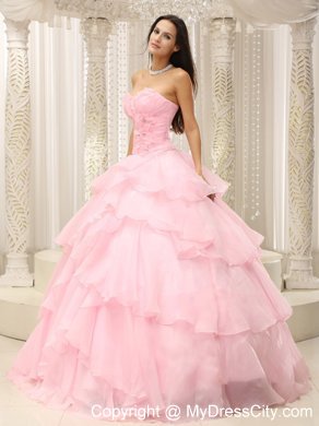 Baby Pink Ruched Sweetheart Sweet 16 Dresses with Flowers