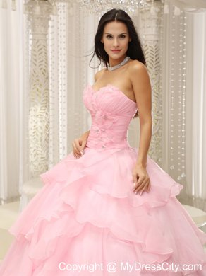 Baby Pink Ruched Sweetheart Sweet 16 Dresses with Flowers