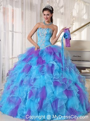 Blue and Purple Strapless Appliqued Quinceanera Dresses